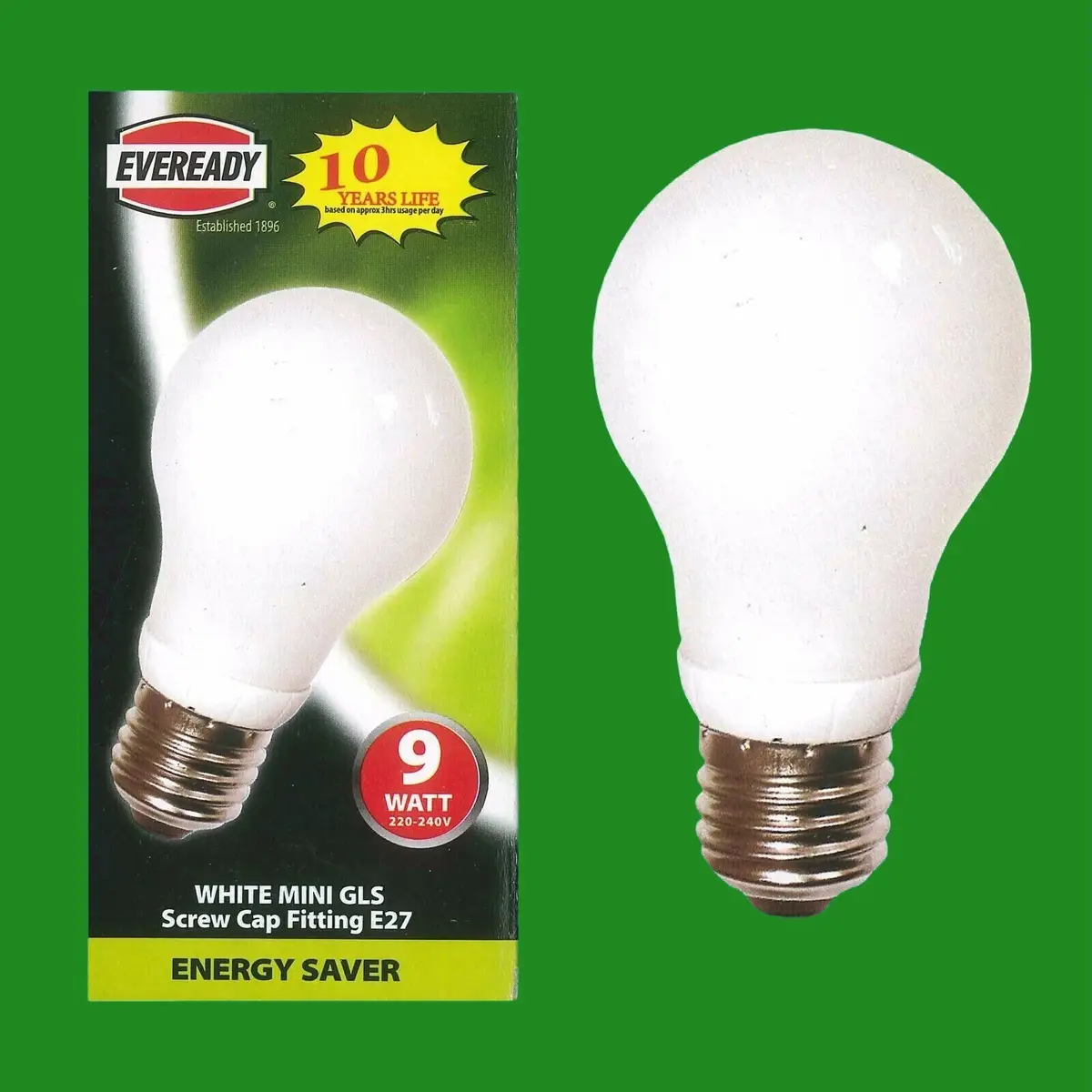 6x 9W Eveready CFL Low Energy A55 GLS 3500K White Light Bulbs ES E27 Screw Lamps