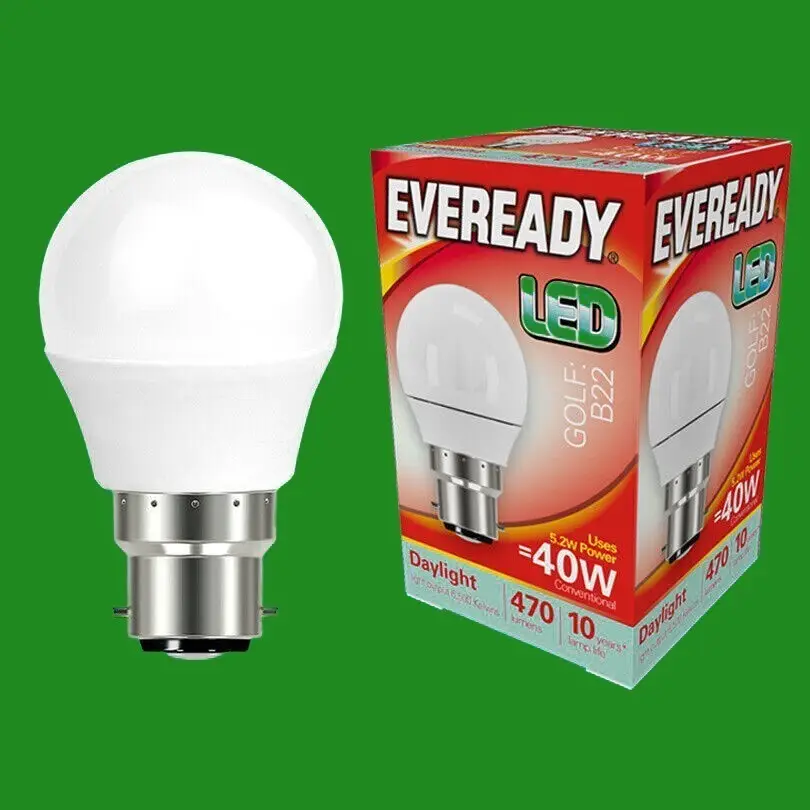2x 5.2W (=40W) Low Energy Golf Light Bulb LED, BC B22 Lamp Daylight White 6500k