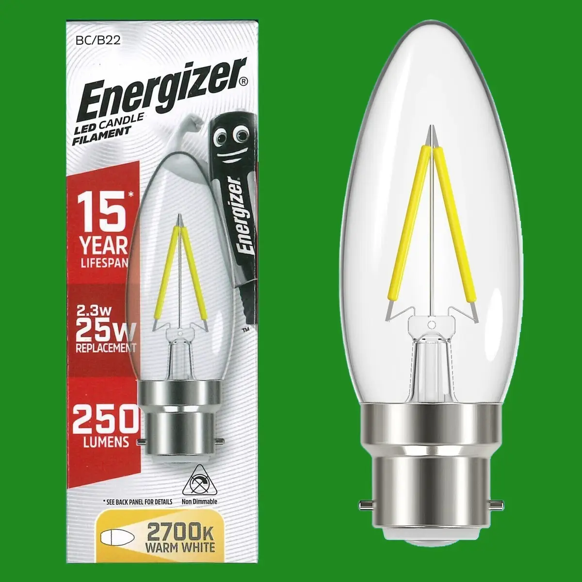 1x 2.3W (=25W) LED Filament Candle BC B22, Warm White 2700K, Light Bulb, Lamp