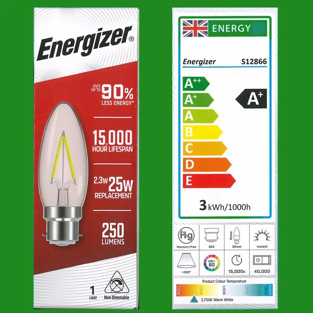 1x 2.3W (=25W) LED Filament Candle BC B22, Warm White 2700K, Light Bulb, Lamp - image 2 | Free standard UK delivery included | Discount Quality Products