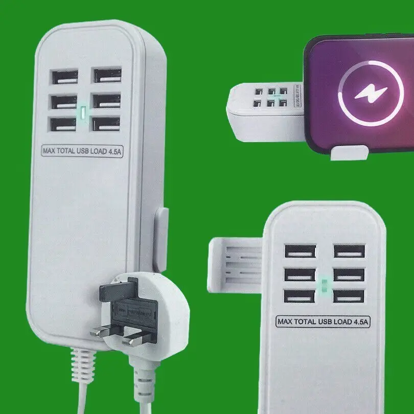 6x 4.5A USB Charging Hub with Dual Sliding Phone Stand, 1 Metre Lead, Neon Light