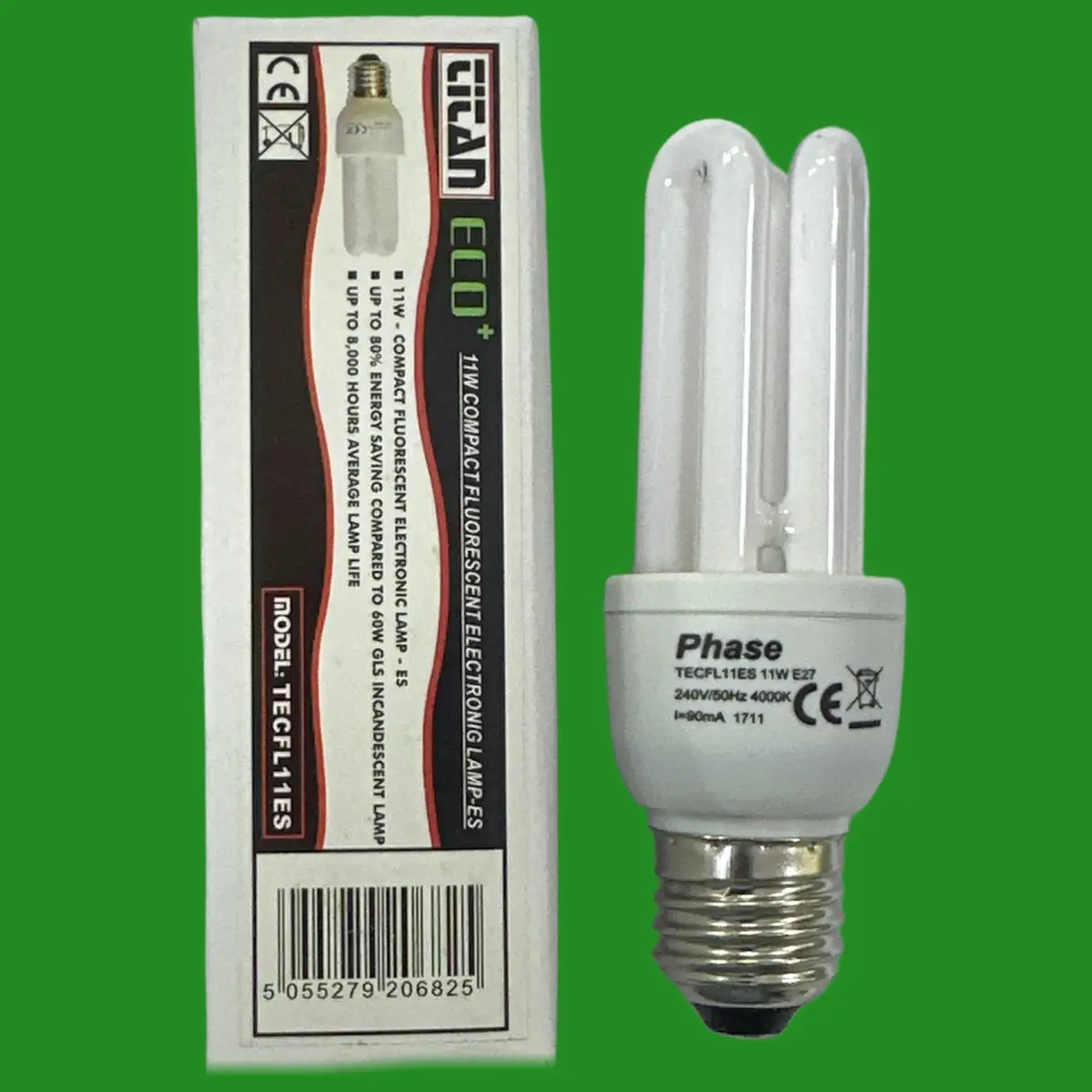 1x 11W (=60W) Phase CFL Low Energy Stick Light Bulbs 4000K Edison Screw ES E27