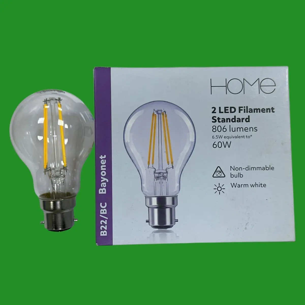 2x 6.5W (=60W) Clear LED Filament GLS Light Bulbs, BC B22 Bayonet, 2700K Lamp