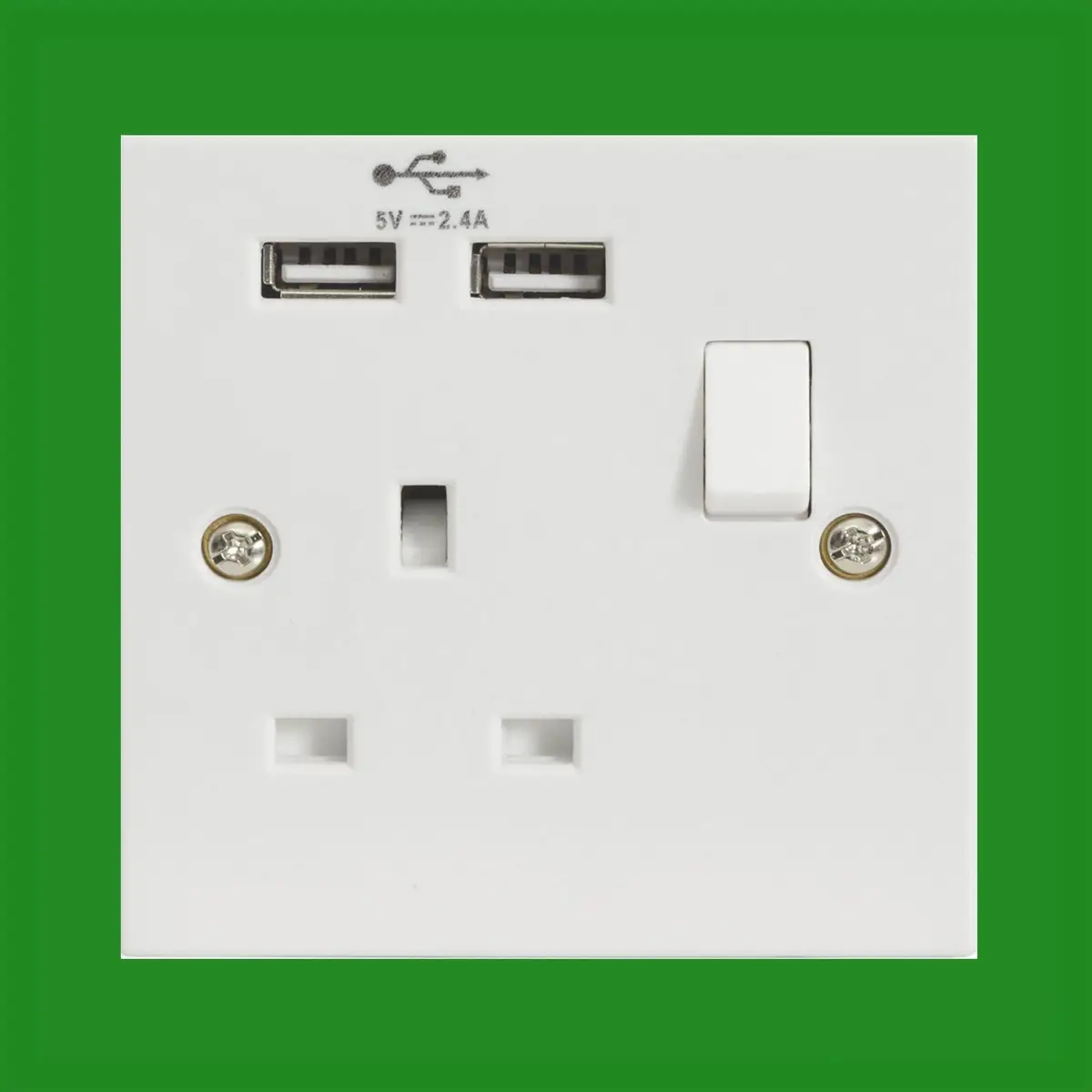 1x White 1 Gang 13A Switched UK Mains Socket With Dual 2.4A USB Charger Ports