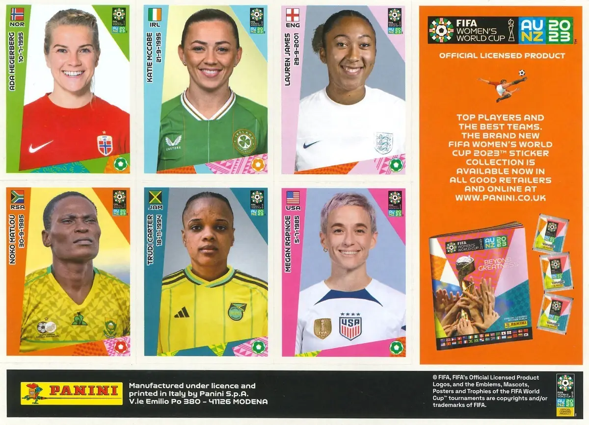 Panini Sheet of 6 Stickers, Football, Soccer, FIFA Women's World Cup 2023 AU/NZ