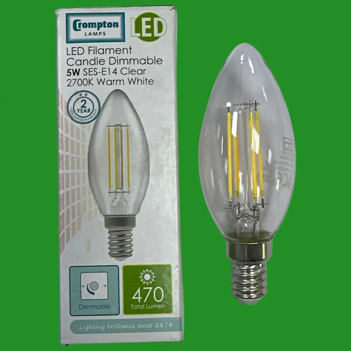 1x 5W (=40W) Crompton LED Dimmable Filament Clear Candle Light Bulb SES E14 Lamp