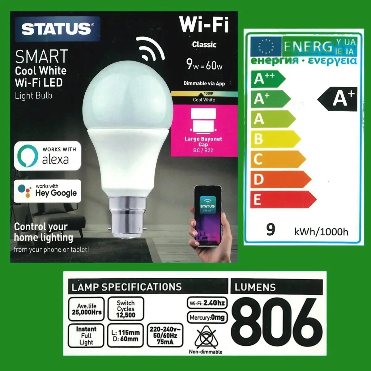 9W (=60W) GLS Wifi LED BC B22 DIMMABLE Light Bulb Via App Cool White Lamp - image 2 | Free standard UK delivery included | Discount Quality Products