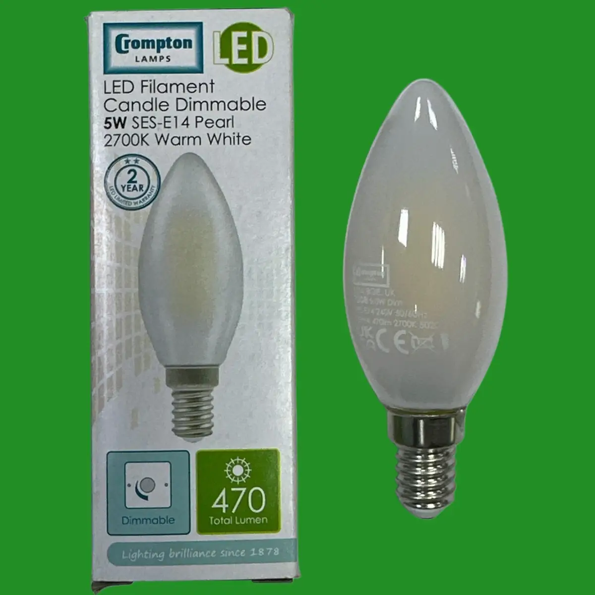 4x 5W (=40W) Crompton LED Dimmable Filament Pearl Candle Light Bulb SES E14 Lamp