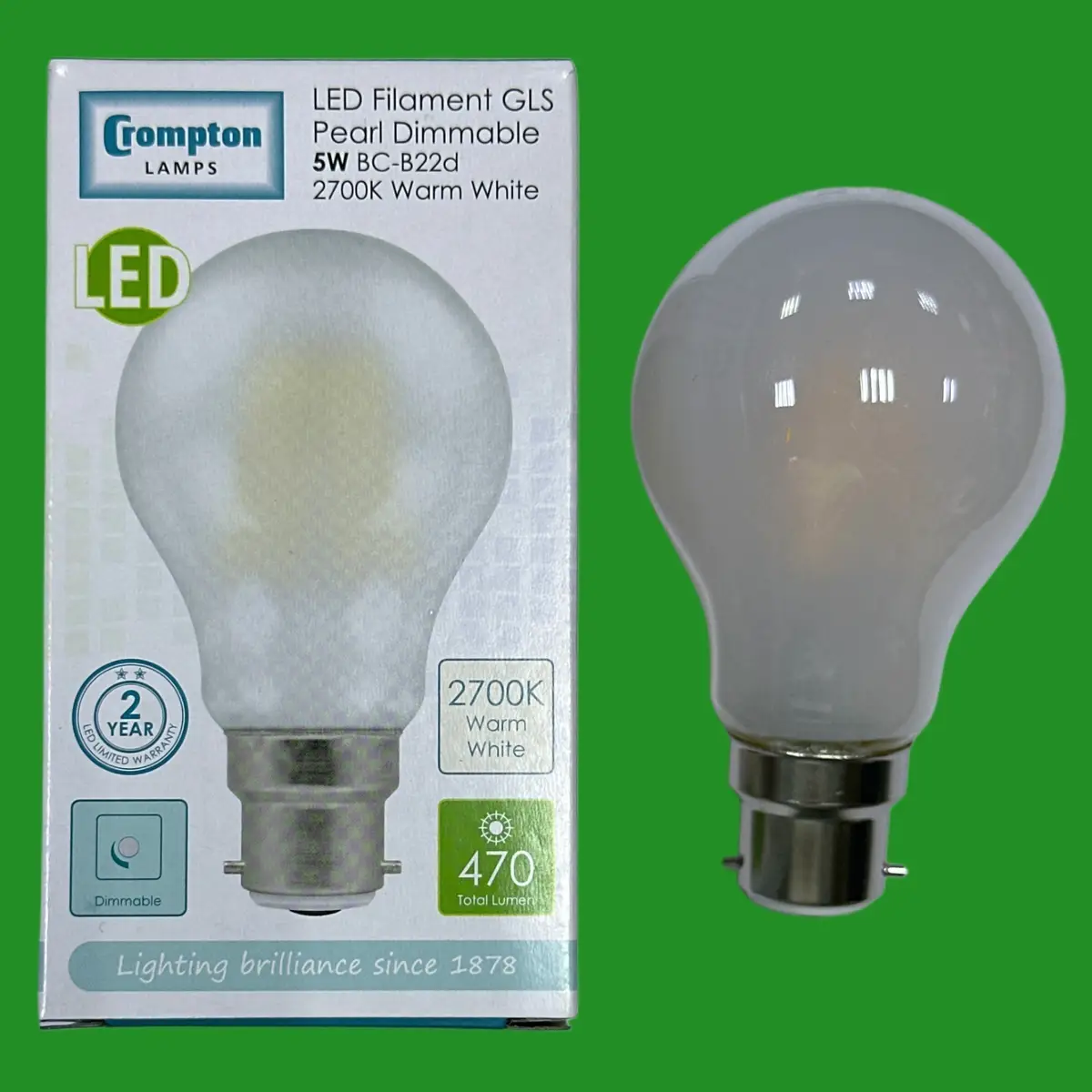 5W (=40W) Crompton Dimmable Pearl LED Filament Light Bulb 2700K BC B22 Bayonet