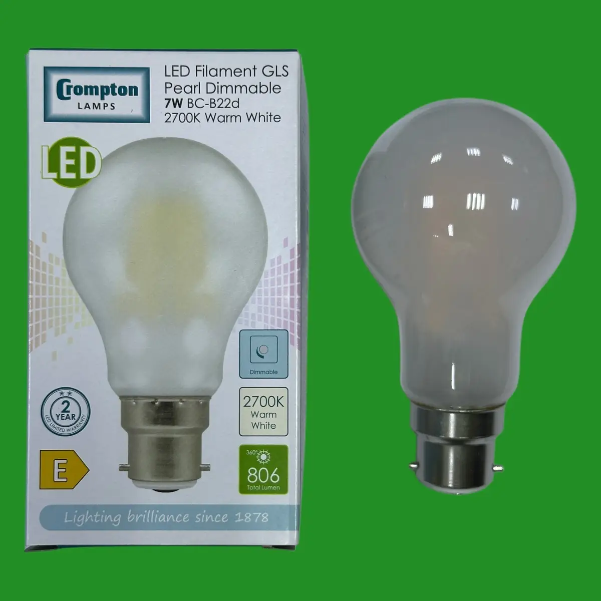 7W (=60W) Crompton Dimmable Pearl LED Filament Light Bulb 2700K BC B22 Bayonet