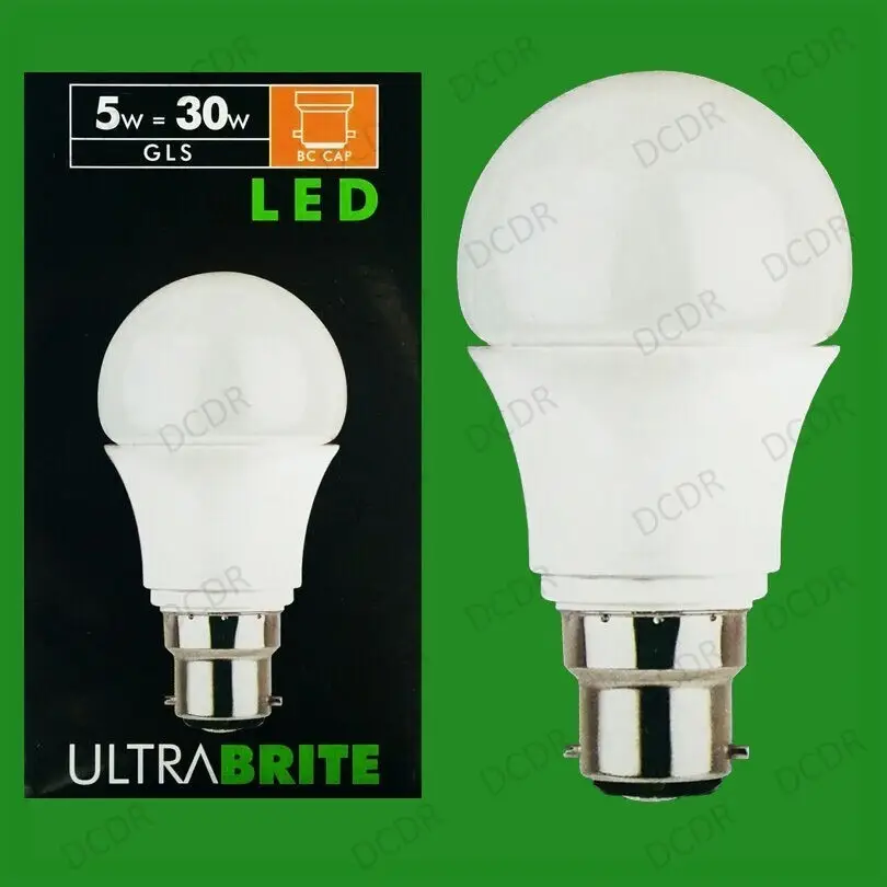 2x 5W (=30W) LED Light Bulbs, A55 GLS Globe, 3000K, Bayonet Cap, BC, B22 Lamp