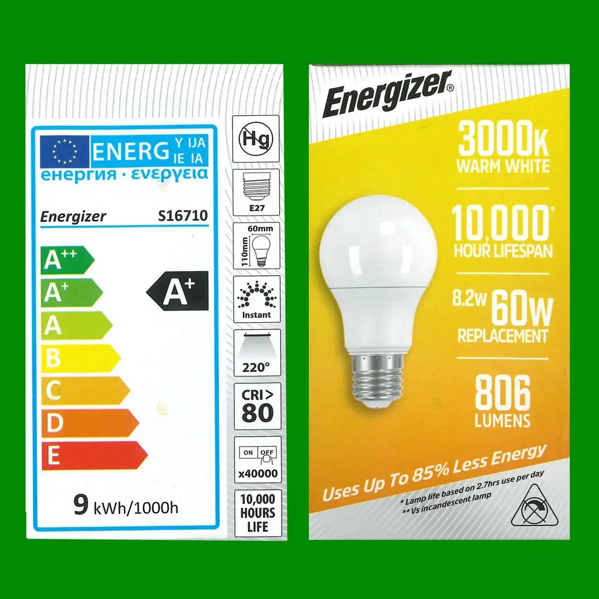 8x 8.2W (=60W) LED GLS 3000K Warm White Opal ES E27 Edison Screw Light Bulb Lamp - image 2 | Free standard UK delivery included | Discount Quality Products