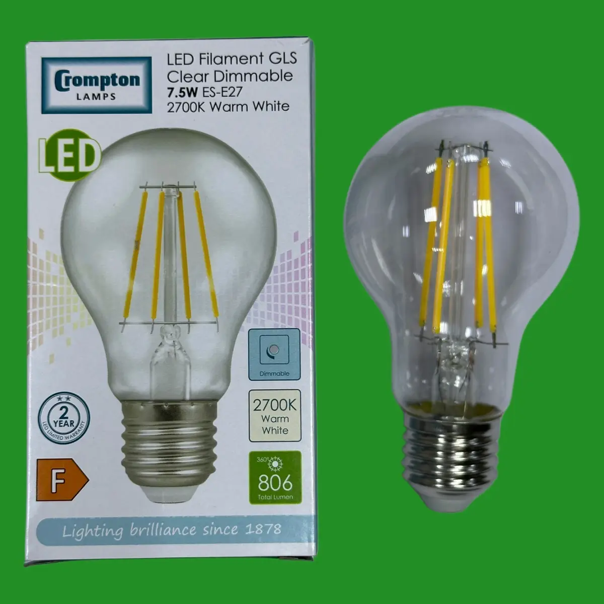 7.5W (=60W) Crompton Dimmable Clear LED Filament Light Bulb 2700K ES E27 Screw