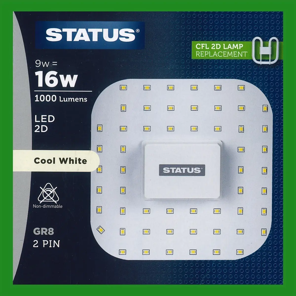 1x 9W (=16W Replacement) LED GR8 2 pin 4000K Cool White 2D Light Bulb Double D