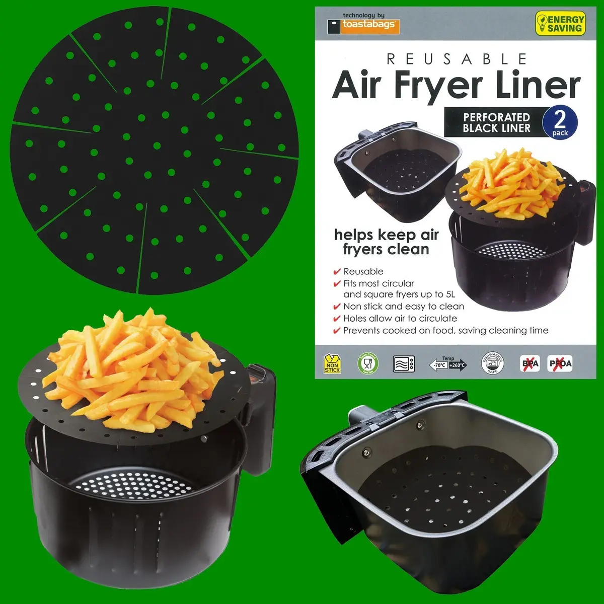 2x Reusable Non-Stick Round Perforated Black Air Fryer Liner Up to 5L Easy Clean