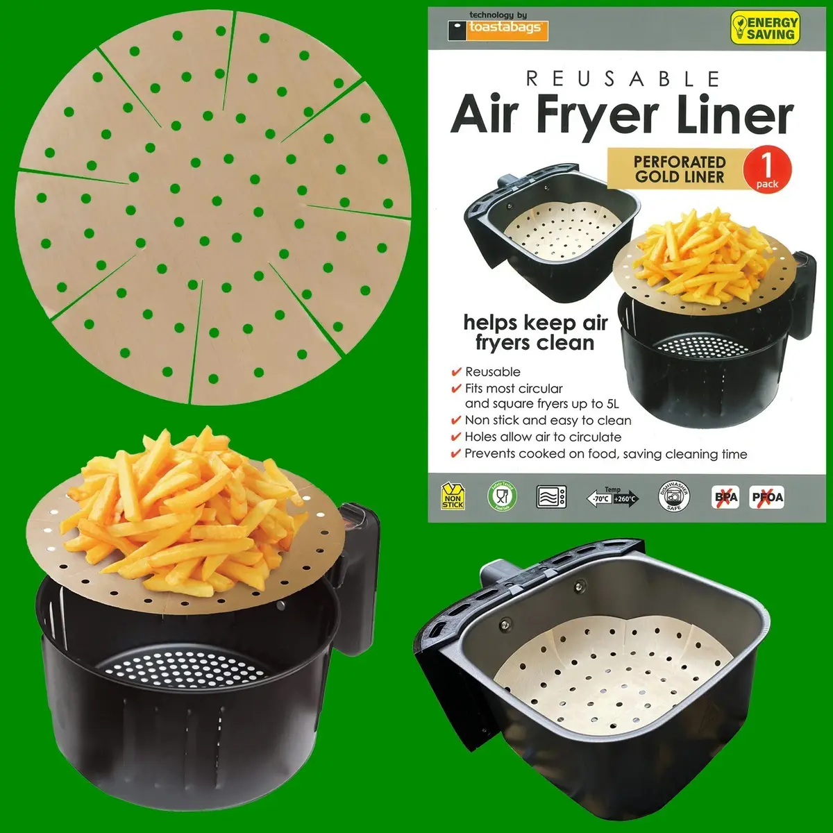 4x Reusable Non-Stick Round Perforated Gold Air Fryer Liner, Up to 5L Easy Clean