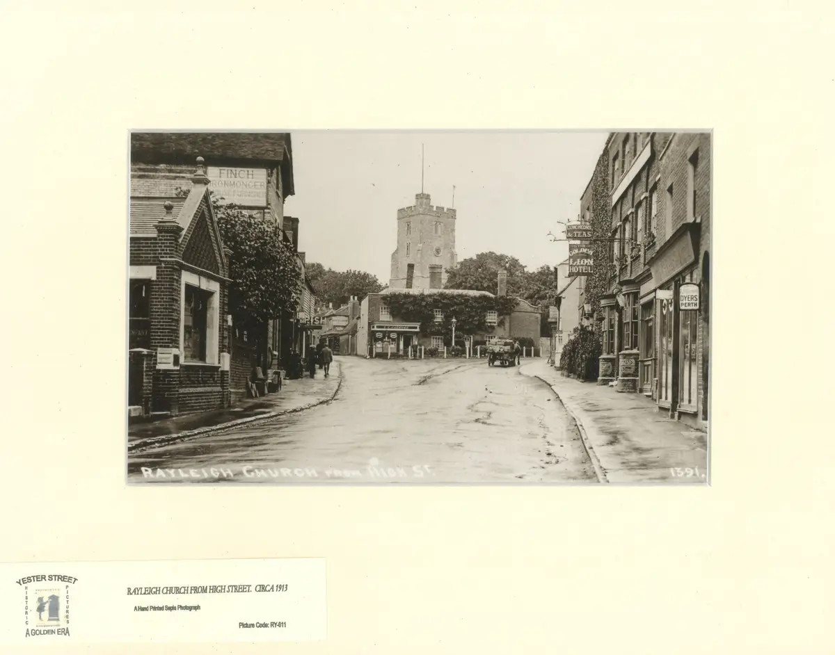Framed Hand Printed Sepia Photograph Rayleigh Church from High Street Circa 1913