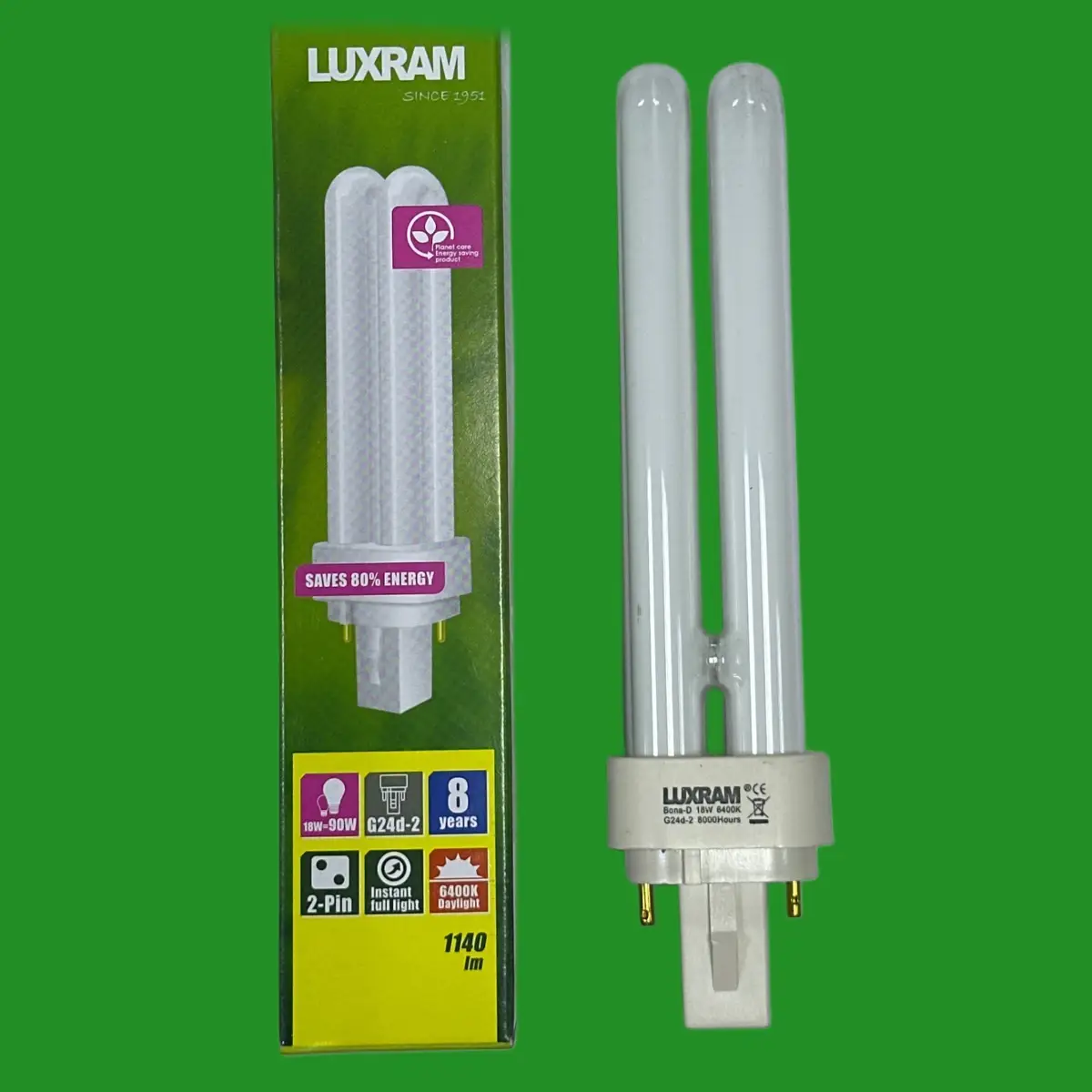 1x 18W LUXRAM G24d-2, 2 pin, Low Energy CFL Light Bulb 6400K Daylight PL Lamp