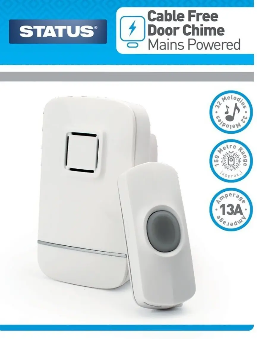 Wireless Plug In Door Bell Chime Cable Free 150 Metre Range 32 Melodies White