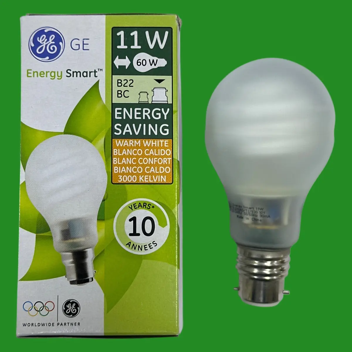 4x 11W (=60W) GE GLS CFL Light Bulb Low Energy Power Saving Globe BC B22 Lamp