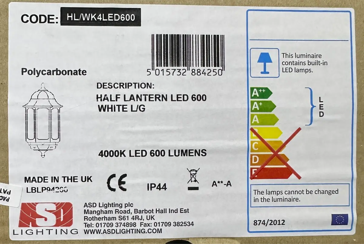 ASD 7.4W LED White Half Lantern Outside Security Wall Light HL/WK4LED600 4000K - image 2 | Free standard UK delivery included | Discount Quality Products