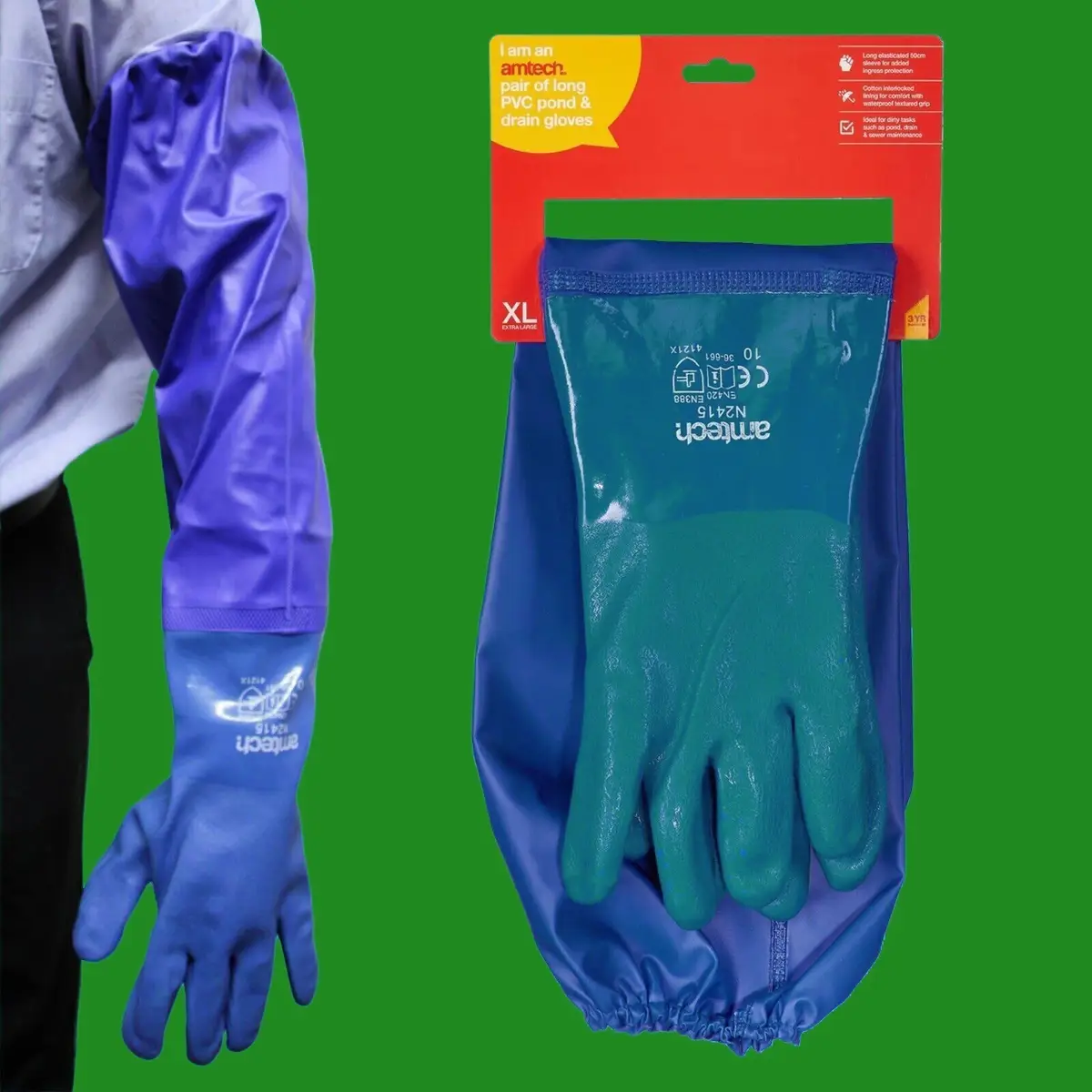 Pair of Long PVC Gloves, Pond, Sewer &amp; Drain Maintenance, 50cm Sleeve Size 10 XL