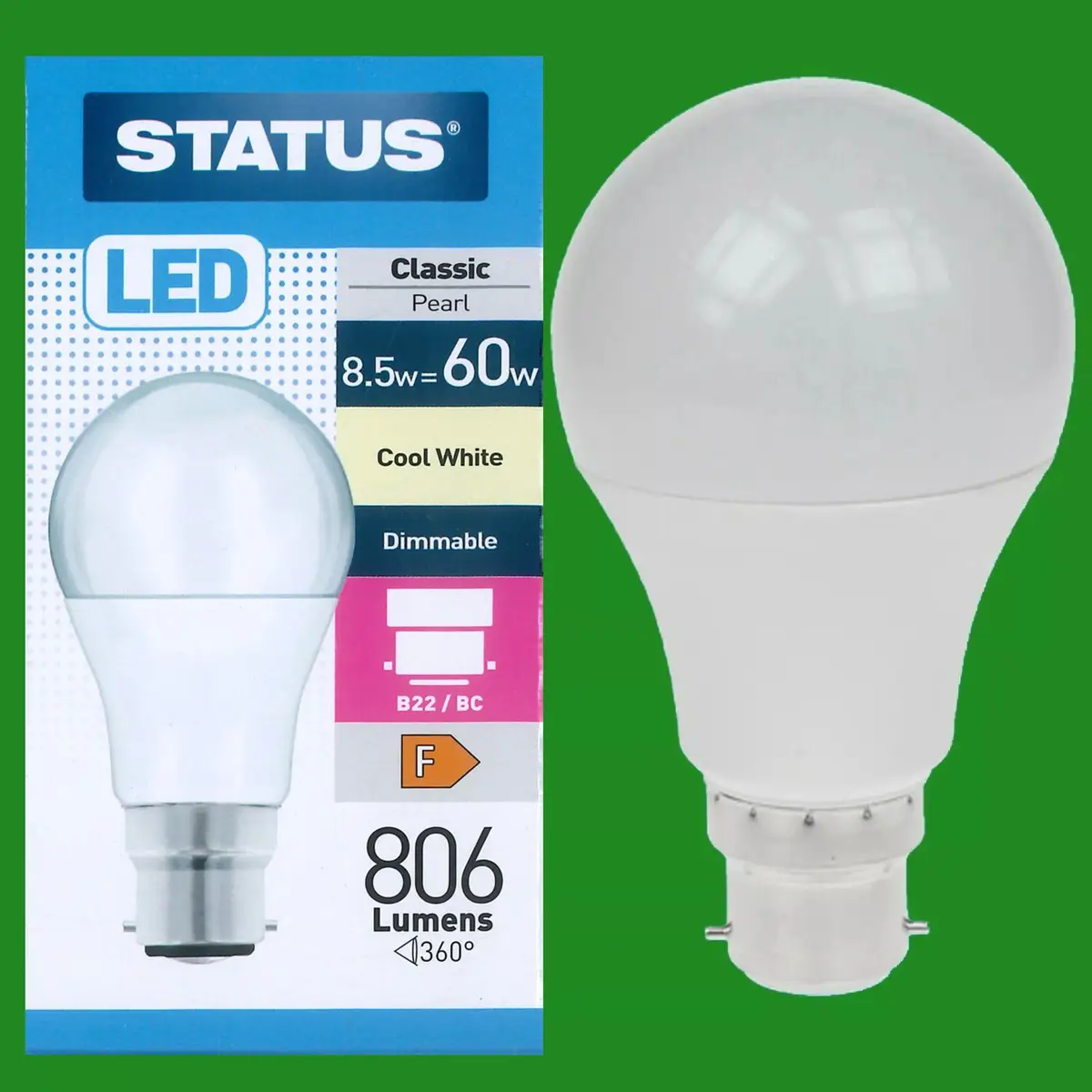 1x 8.5W = 60W Pearl Dimmable LED GLS Bayonet Cap BC B22 Cool White 4000k 806lm