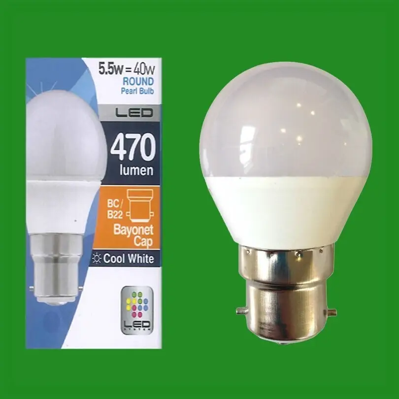 12x 5.5W (=40W) LED Pearl Round Golf Light Bulbs, 4000K, Cool White, BC B22 Lamp
