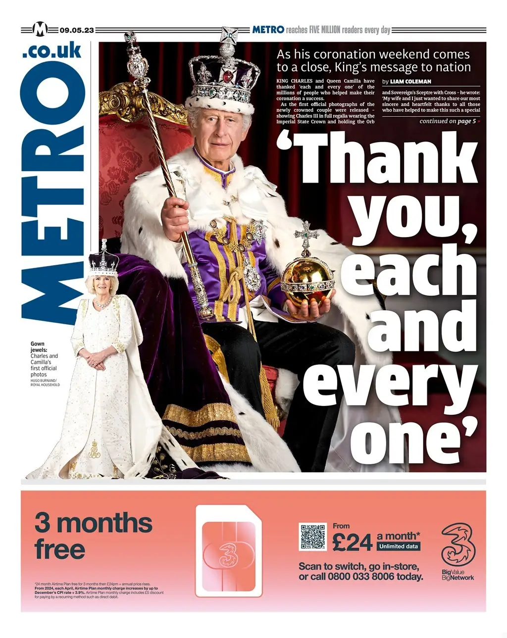 Metro Newspaper, King Charles III Coronation, Royal Family, Souvenir, 9.5.23