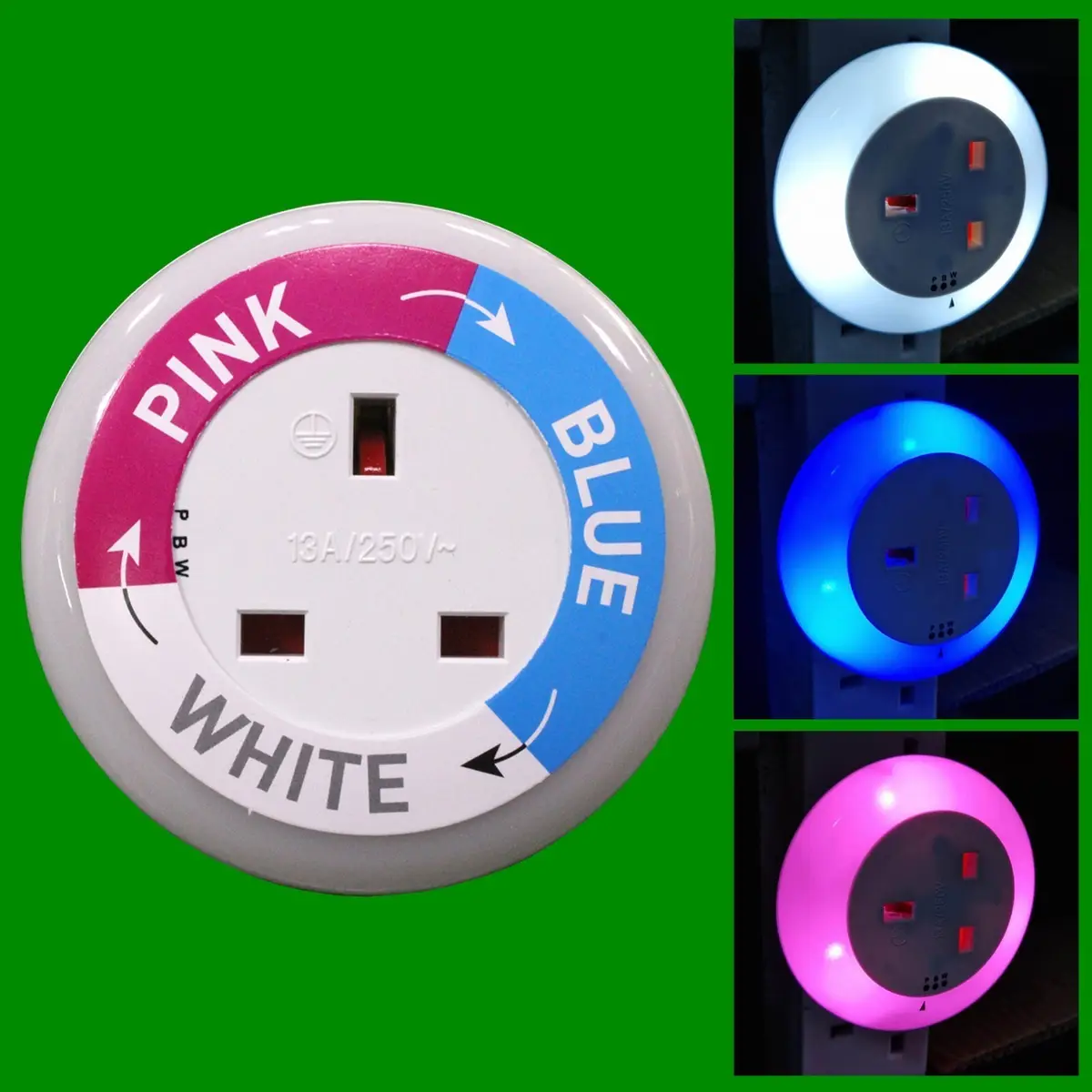 1x LED Multi Colour Night Light with UK Plug Through Socket, Dusk &amp; Dawn Sensor