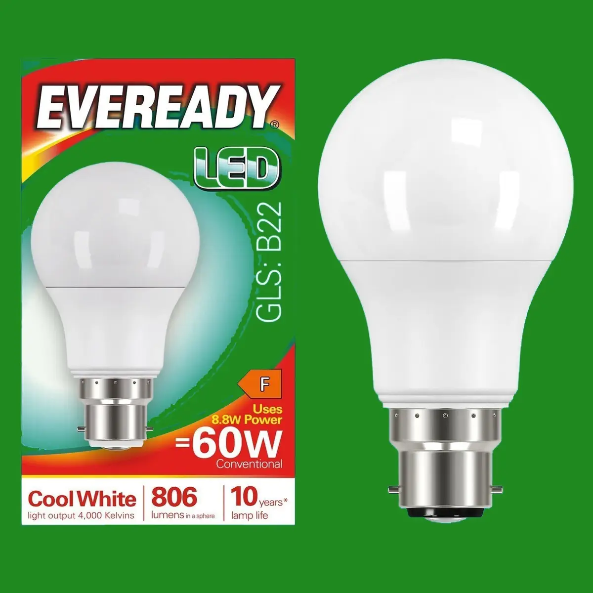 1x 8.8W (=60W) LED GLS Cool Light Bayonet Cap BC B22 Light Bulb Lamp, 4000K