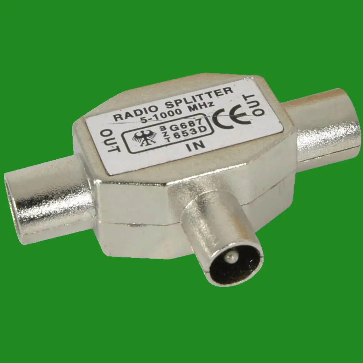 2 Way Radio TV RF Cable T Splitter, Male to 2x Female Socket Connectors
