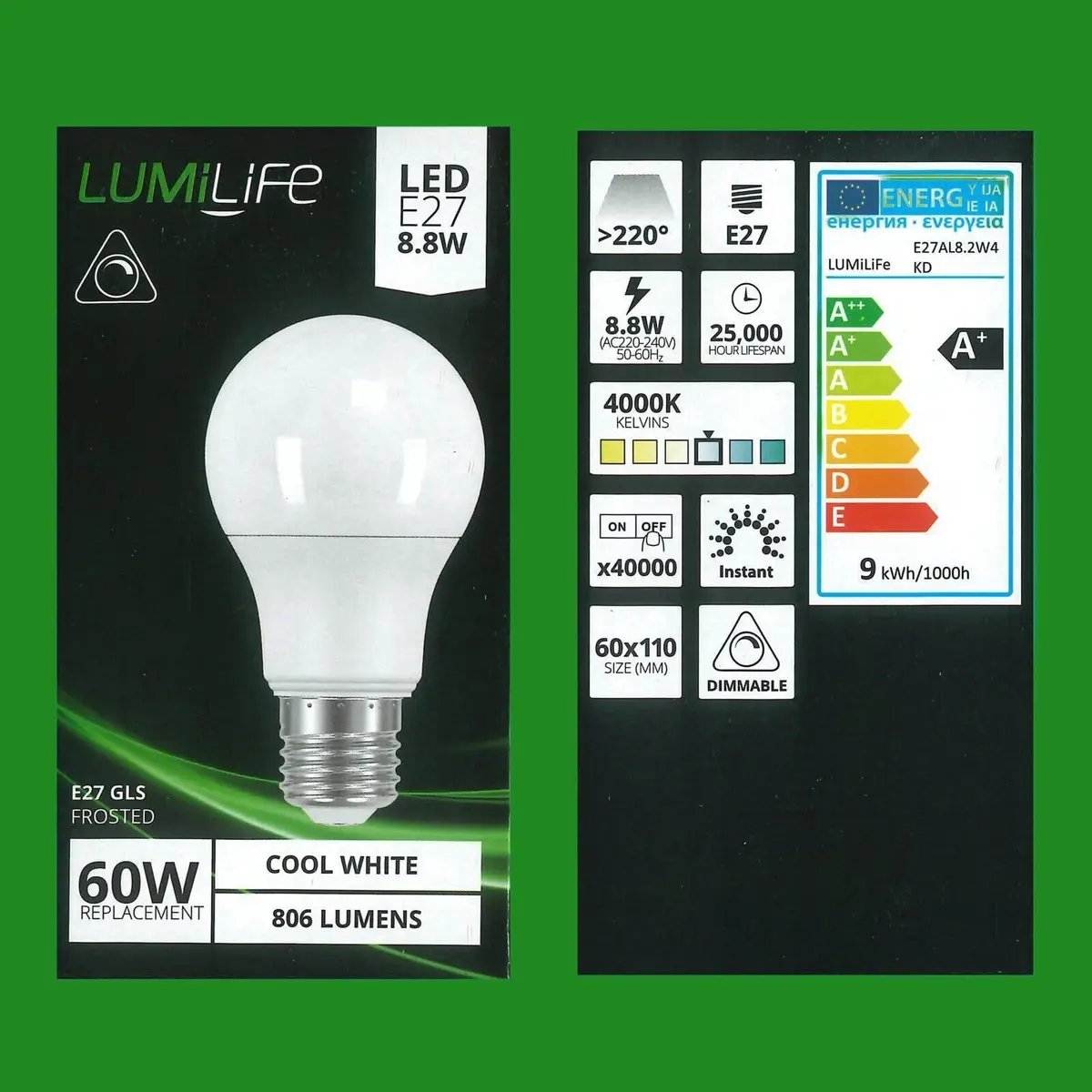4x 8.8W Dimmable LED GLS A60 4000k Cool White, ES E27 Light Bulbs Lamp Instant - image 3 | Free standard UK delivery included | Discount Quality Products