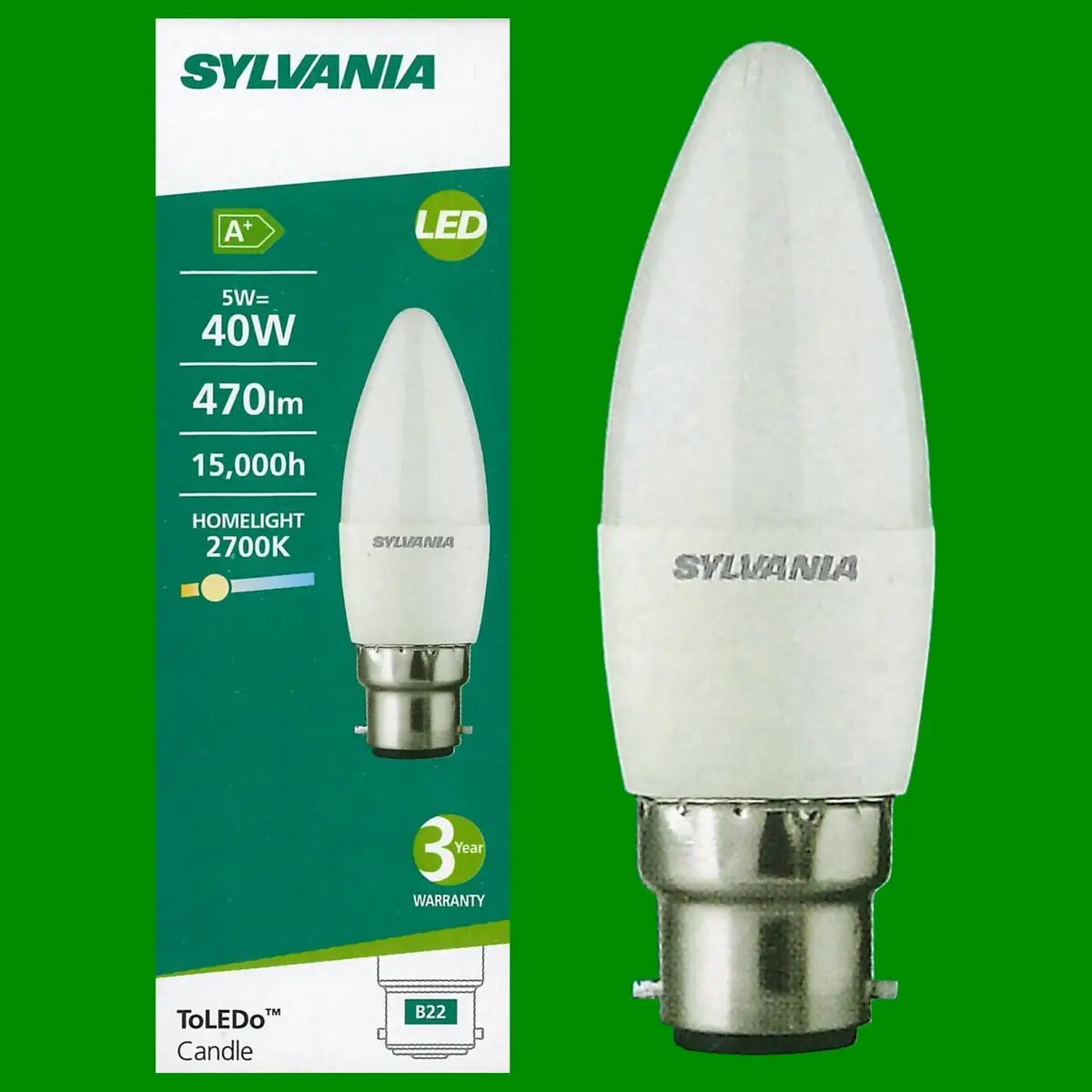 1x 5W (=40W) LED Candle Bayonet BC B22 Warm White 2700K 430lm Light Bulb Lamp