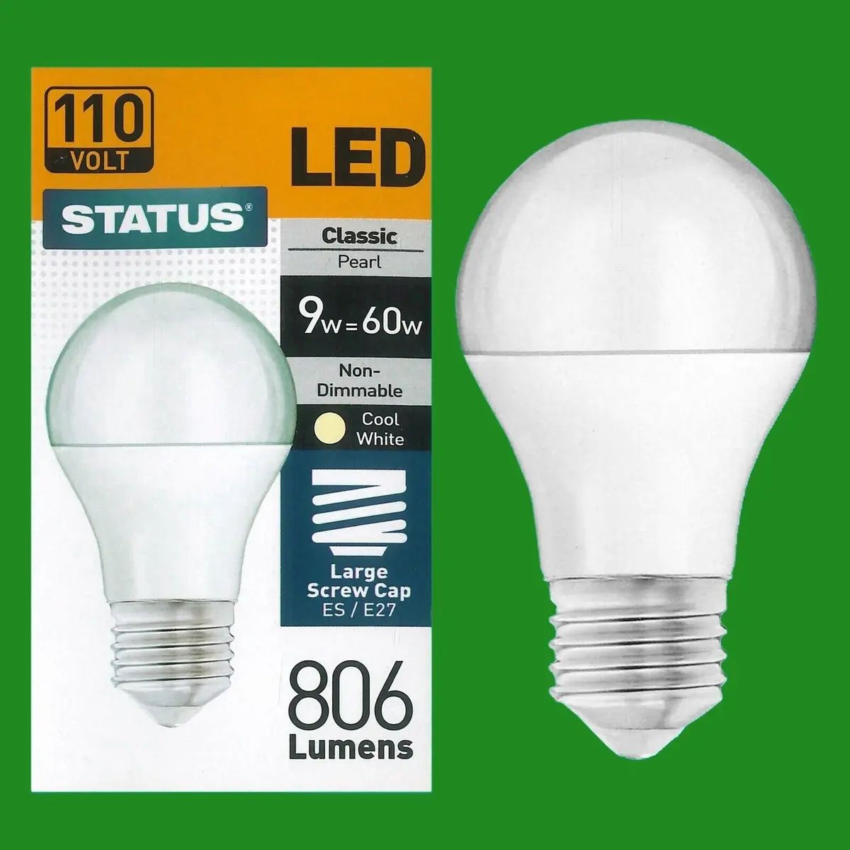 2x 9W (=60W) 110V Pearl LED, A60 GLS Globe, Edison Screw ES E27 Light Bulb Lamp