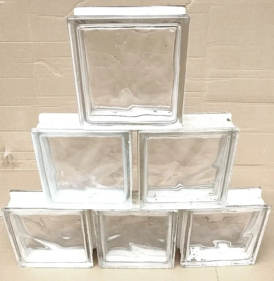 5x Used Wavy Glass Brick/Block Architectural Privacy Wall Square, 190x 190x 80mm