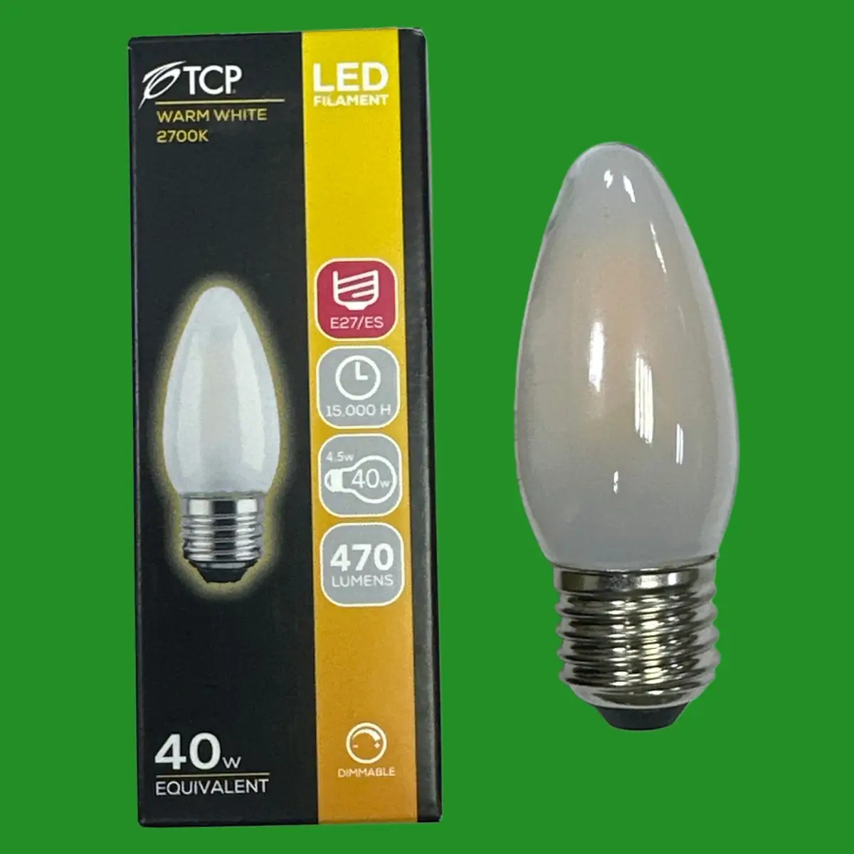 2x 4.5W (=40W) TCP Dimmable LED Filament Frosted Candle Light Bulb ES E27 Screw