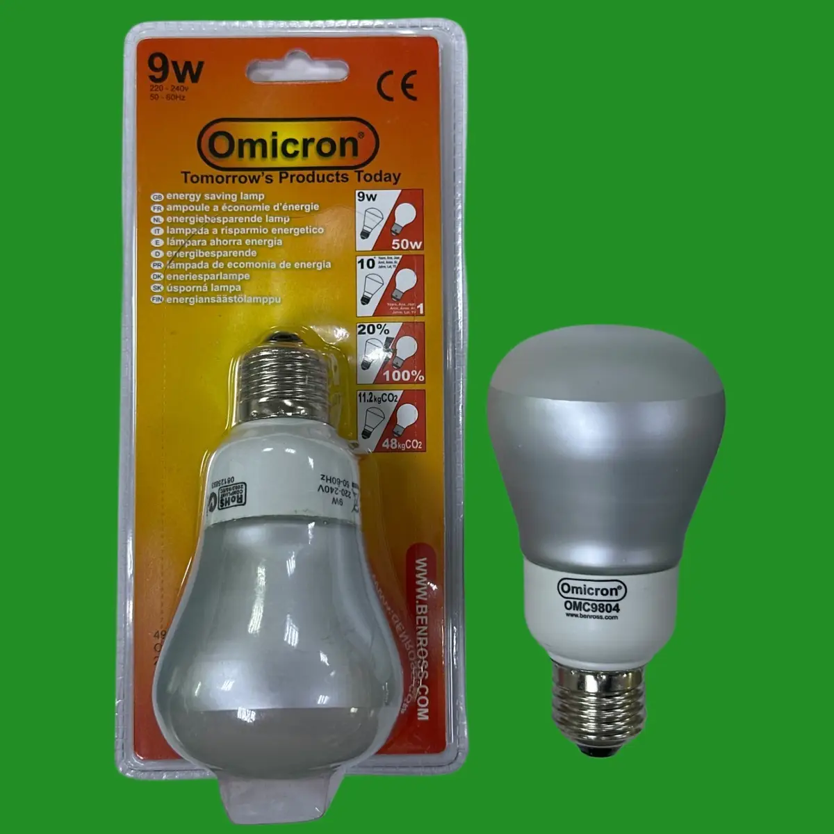 2x 9W (=50W) Omicron CFL R63 Low Energy Reflector Spot Light ES E27 Light Bulbs