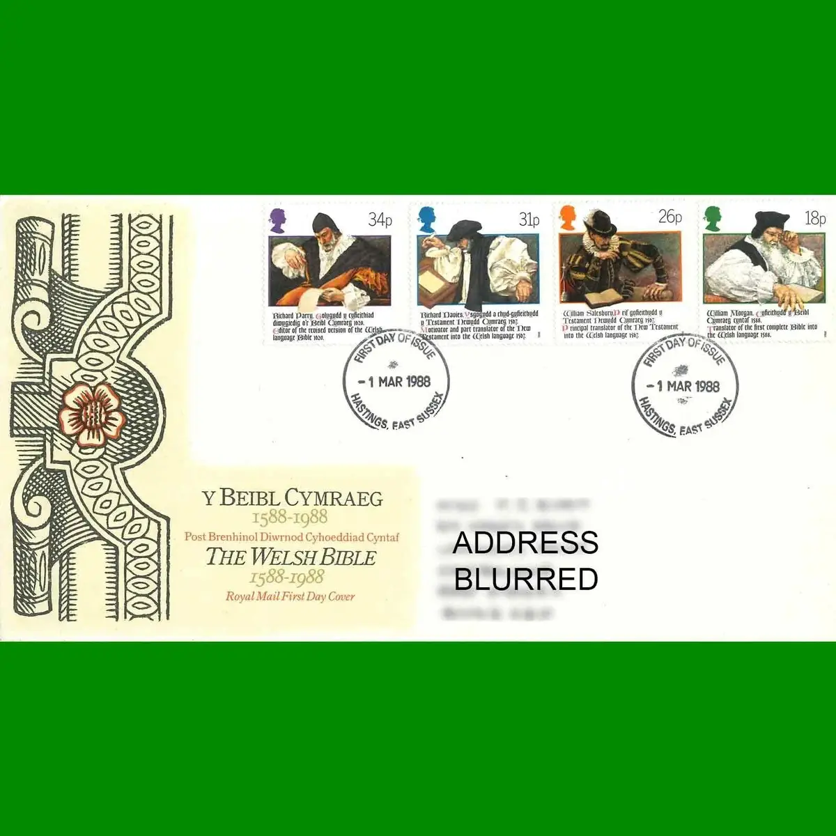 FDC Welsh Bible 1588-1988 Royal Mail First Day Cover Stamps, 1.3.1988