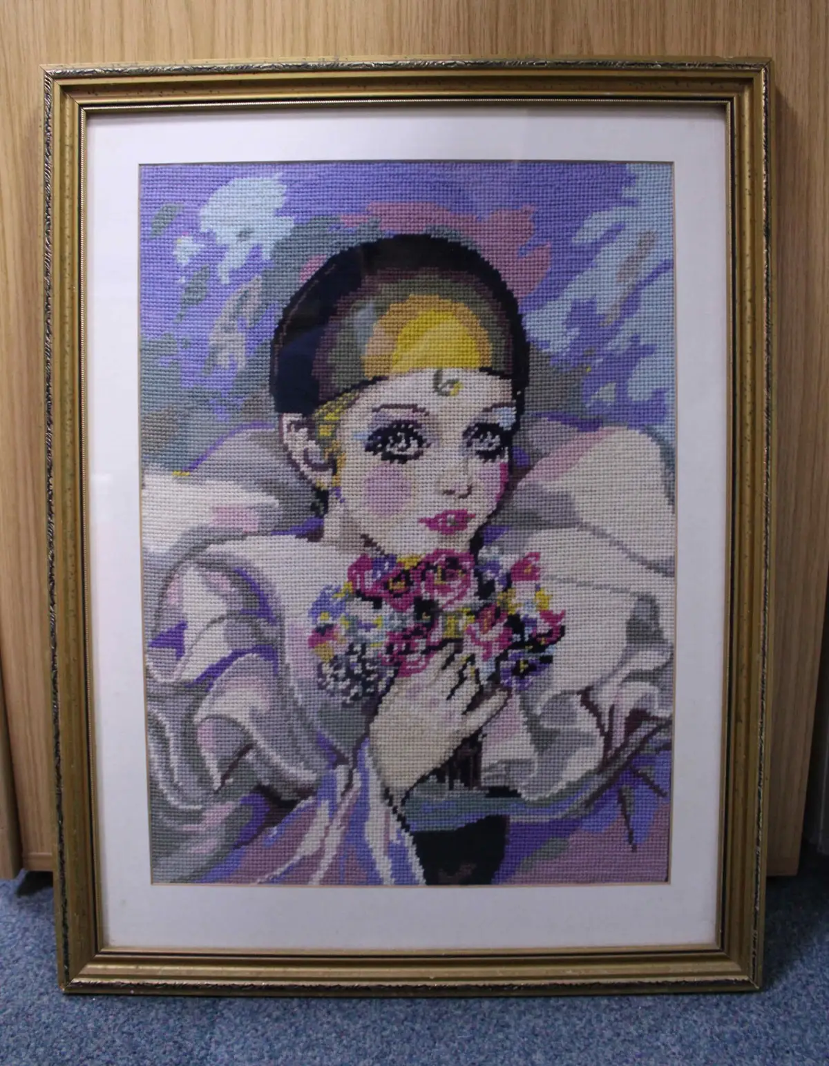 23" Large Framed Lady &amp; Flowers Portrait Embroidery Art Wall Picture Home Decor
