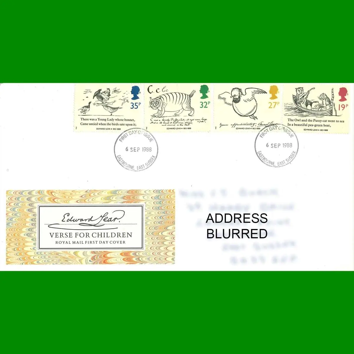 FDC Edward Lear Verse for Children Royal Mail First Day Cover Stamps 6.9.1988