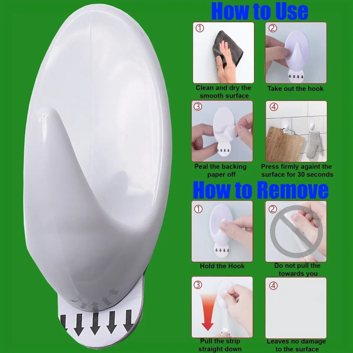 1x Removable Large Oval Self Adhesive Stick On Hook, 2KG for Clothes Towels Coat