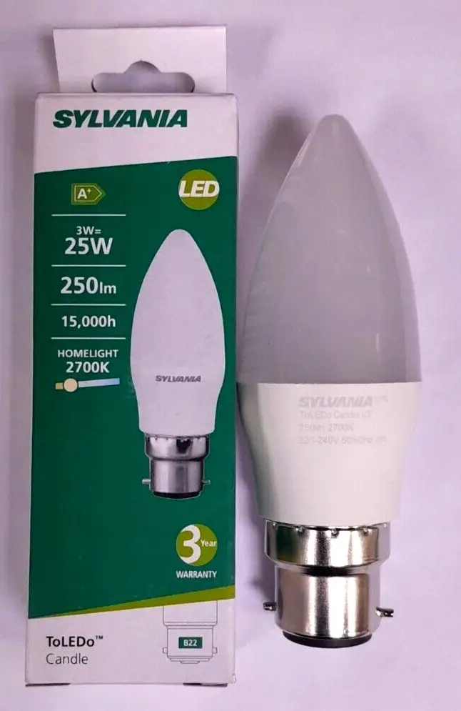 1x 3W (=25W) Sylvania LED Frosted Candle Light Bulbs BC B22 2700K Lamp