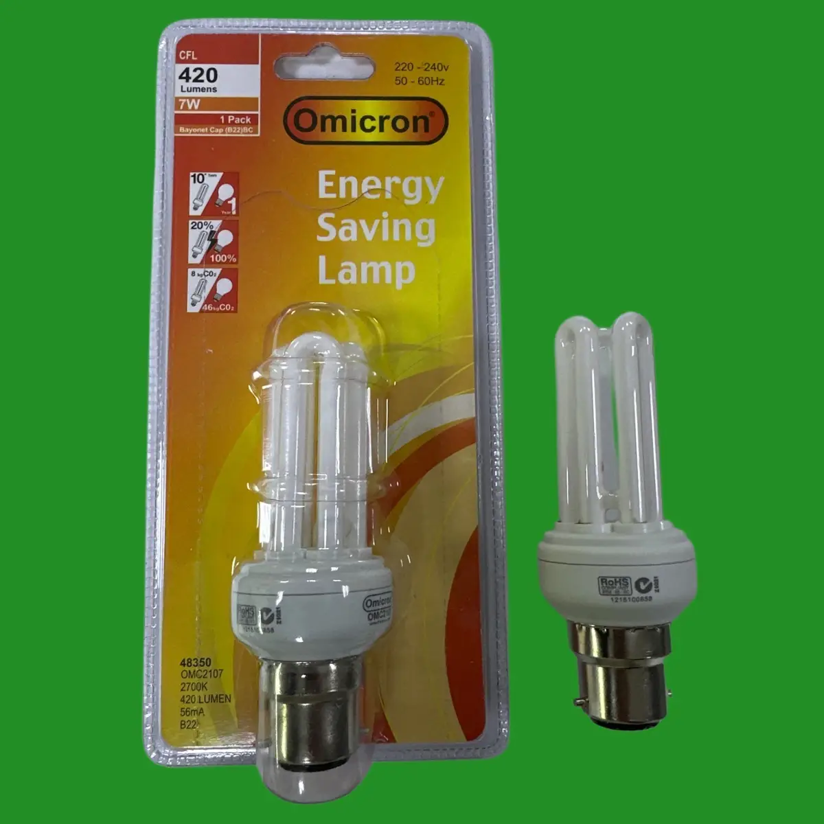 2x 7W (=40W) Omicron CFL Low Energy Power Saving Stick Light Bulb BC B22 Bayonet