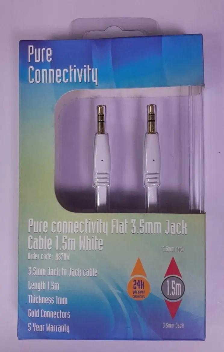 1.5M Long 3.5mm Male to Male Audio Stereo AUX Cable Wire, PC TV HIFI White