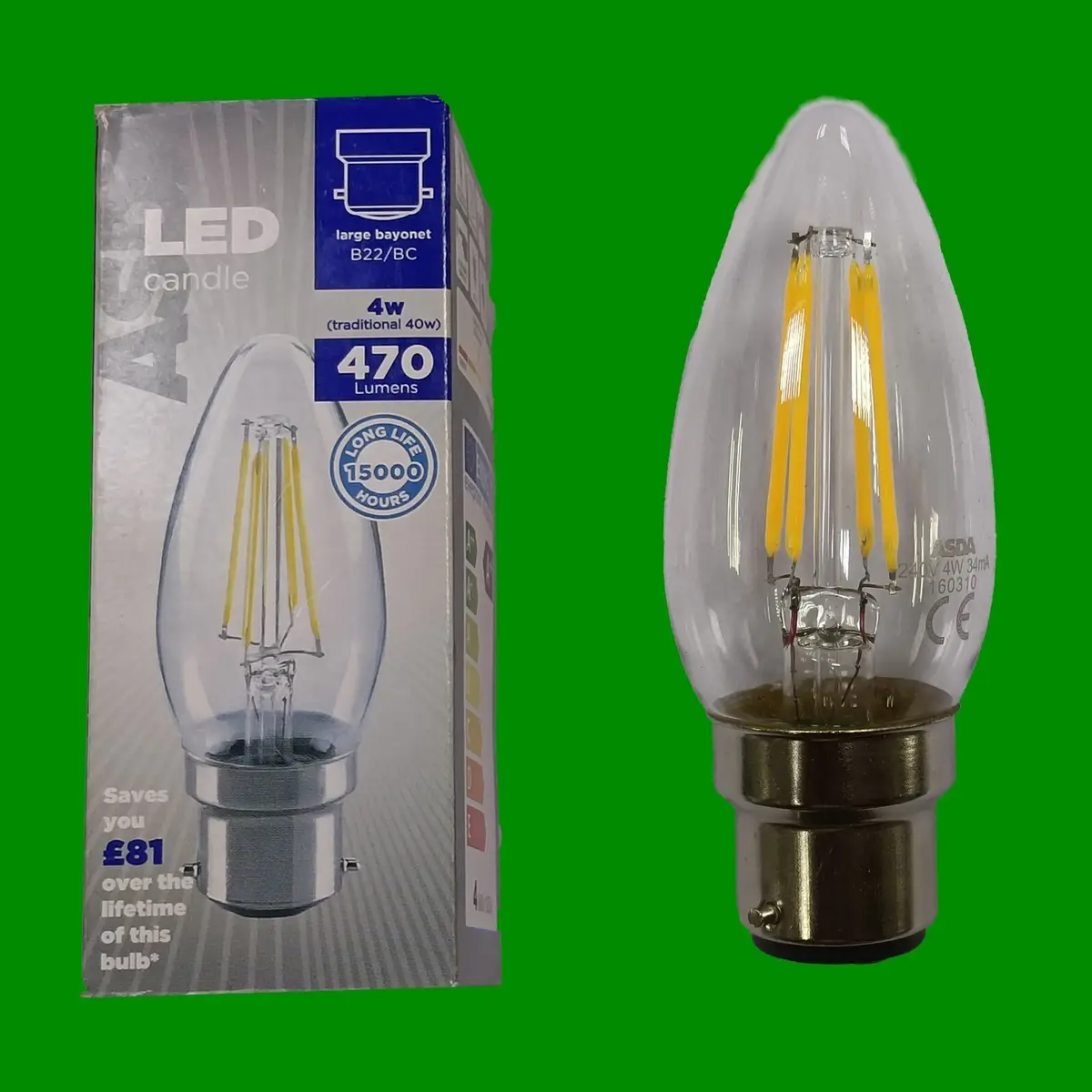 1x 4W LED ASDA Candle Light Bulb, Bayonet Cap BC B22 Warm White Lamp Instant On
