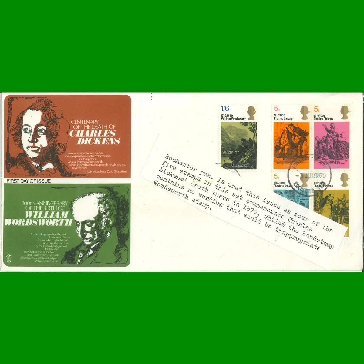 FDC Literary Anniversaries, Dickens, Wordsworth, First Day Cover Stamps 3.6.1970