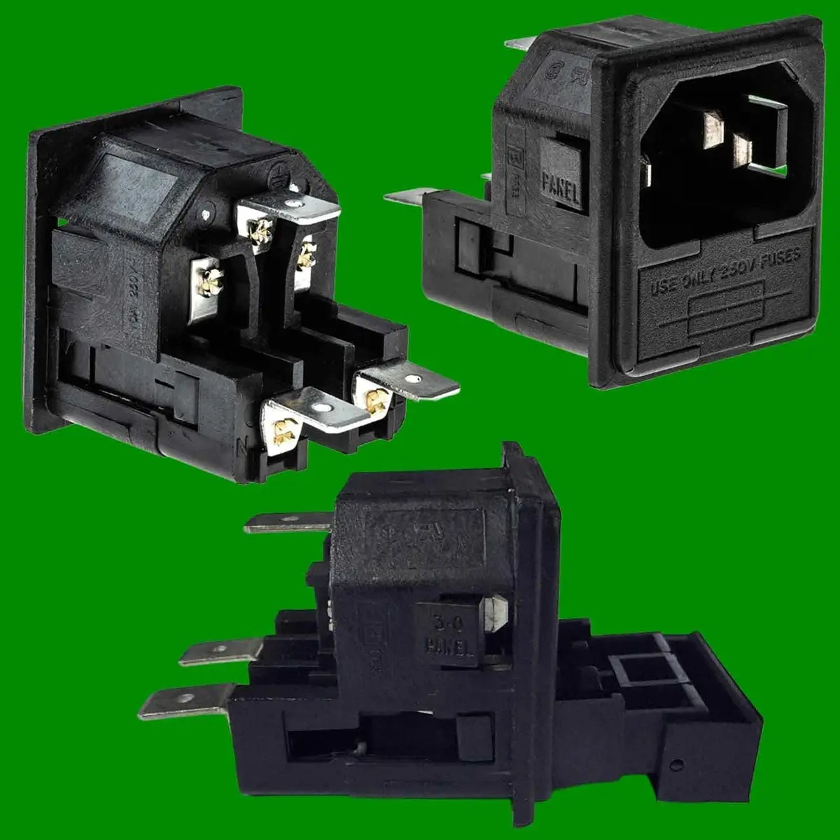 Snap-In Fused IEC Male Panel Chassis Socket, 250V 10A, Kettle Lead Rewireable