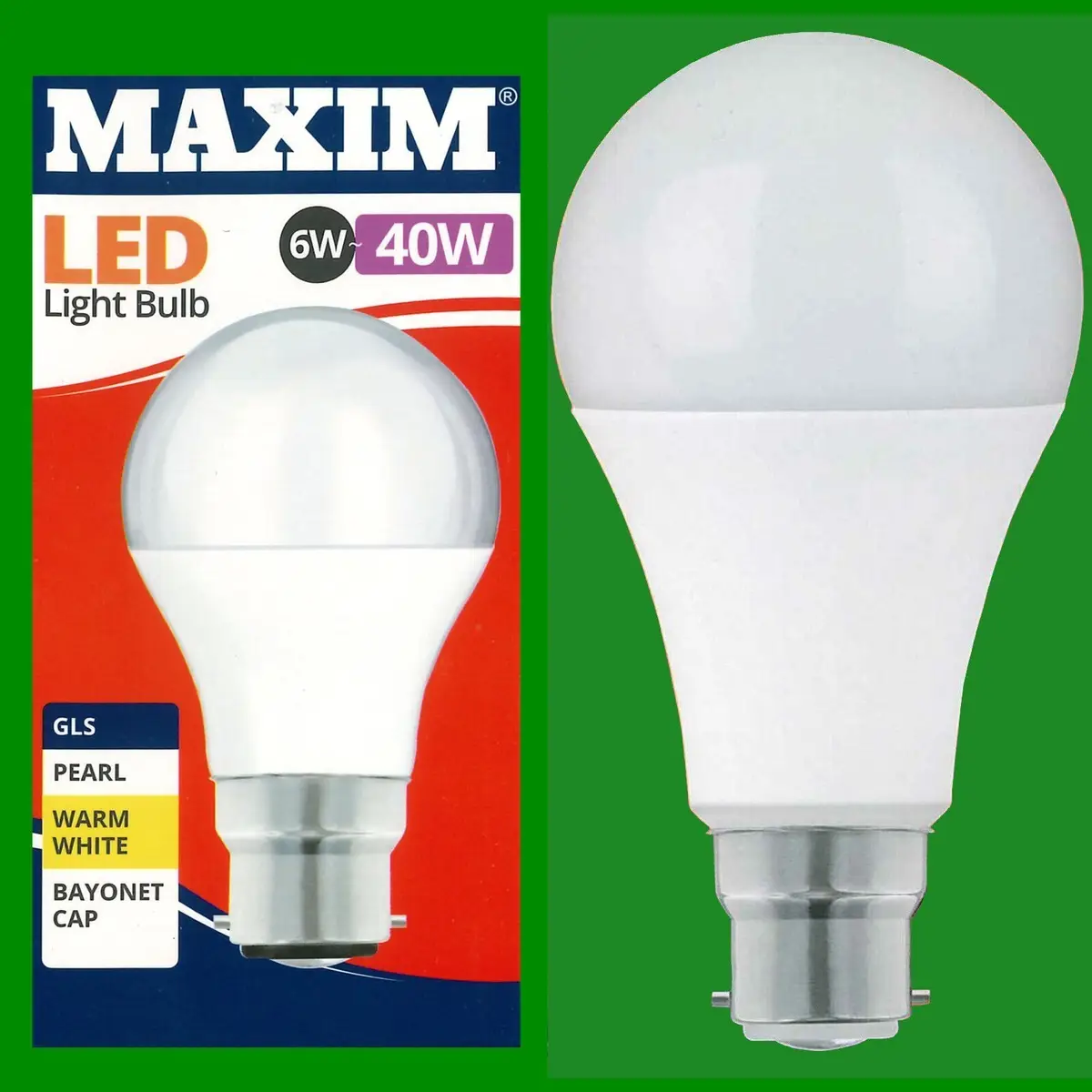 12x 6W (=40W) GLS BC B22 A60 LED Light Bulb Lamp, 2700K Warm White 470Lm, Maxim