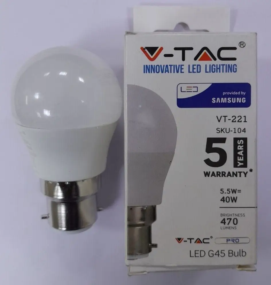 5.5W (=40W) V-TAC LED Mini Golf G45 3000K Light Bulb, BC, B22 Instant On Lamp